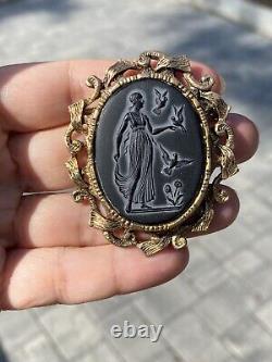 HUGE Neoclassical Goddess Birds Flowers Black Carved Cameo Glass Brooch Pendant