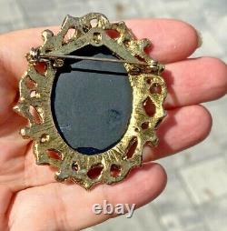 HUGE Neoclassical Goddess Birds Flowers Black Carved Cameo Glass Brooch Pendant