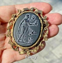HUGE Neoclassical Goddess Birds Flowers Black Carved Cameo Glass Brooch Pendant