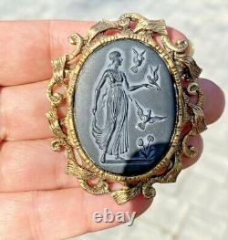 HUGE Neoclassical Goddess Birds Flowers Black Carved Cameo Glass Brooch Pendant