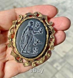 HUGE Neoclassical Goddess Birds Flowers Black Carved Cameo Glass Brooch Pendant