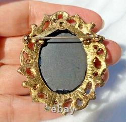 HUGE Neoclassical Goddess Birds Flowers Black Carved Cameo Glass Brooch Pendant