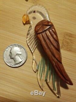 Huge 4 Vintage 1940s 40s Carved Wood Parrot Bird Brooch Pin Lucite Plastic