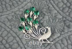 Huge Vintage Antique Art Deco Sterling Silver Emerald Glass Peacock Bird Brooch