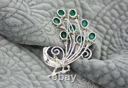 Huge Vintage Antique Art Deco Sterling Silver Emerald Glass Peacock Bird Brooch
