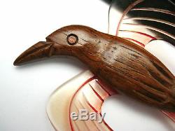 Huge Vintage Carved Lucite & Wood Bird Pin Brooch Figural Unique
