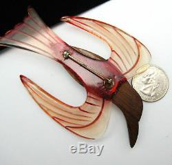 Huge Vintage Carved Lucite & Wood Bird Pin Brooch Figural Unique
