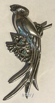 Huge Vintage Mexican Sterling Silver Quetzal Bird & Flowers Pin Brooch