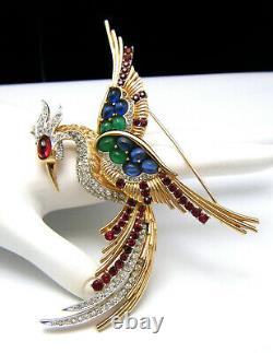Iconic Vintage Boucher Bird of Paradise Brooch Rhinestones Red Green Blue Glass