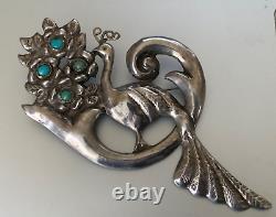 Important Vintage Mexican Silver Brooch signed Peacock with turquoise stones