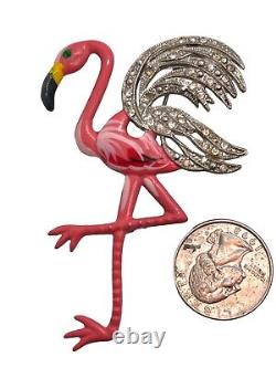 Incredible Vintage Flamingo Figural Brooch, Original Enamel & Rhinestone Wings