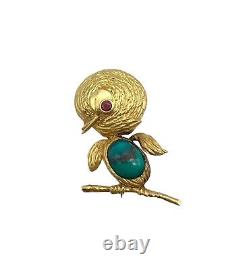 Incredible Vintage Solid 18k Yellow Gold Turquoise and Ruby Bird Brooch Pin
