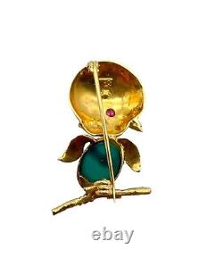 Incredible Vintage Solid 18k Yellow Gold Turquoise and Ruby Bird Brooch Pin