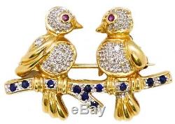 Italian Retro Brooch 14 Kt Gold Birds Couple Vintage Pin Charm Diamonds Sapphire