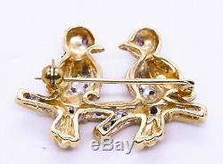 Italian Retro Brooch 14 Kt Gold Birds Couple Vintage Pin Charm Diamonds Sapphire