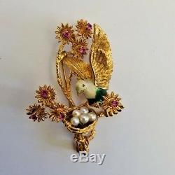 Italian Vintage 18K Gold Ruby Enamels Pearls Love Bird Brooch MAGNIFICENT