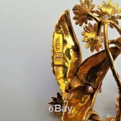 Italian Vintage 18K Gold Ruby Enamels Pearls Love Bird Brooch MAGNIFICENT