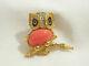 Jomaz Owl Brooch Pin Coral Cab Enamel Rhinestones Vintage Figural Bird Gold Plte