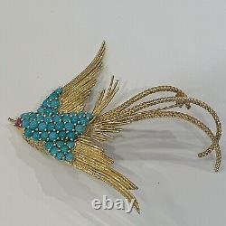 J. Rossi 18k Brooch Estate Vintage Designer Signed Brooch Ruby Turquoise Bird