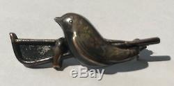 Japanese Menuki Vintage Inlaid Sterling Silver Bird & Fish Pin Brooch