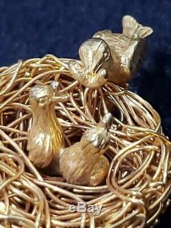 Jeanne Gold Brooch Signed Birds in Nest Vintage Pin