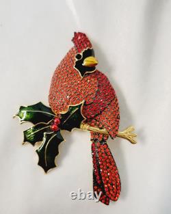 Joan Rivers Vintage Rhinestone & Enamel Cardinal Bird with Holly Pin Brooch