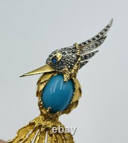 Jomaz Vintage Gold Plated Faux Turquoise & Rhinestone Fantasy Bird Brooch Pin