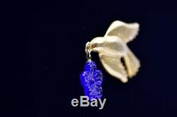 Kenzo Signed Vintage Brooch Pin Gold Bird Dove Blue Glass Flower Dangle Bin4