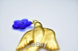 Kenzo Signed Vintage Brooch Pin Gold Bird Dove Blue Glass Flower Dangle Bin4
