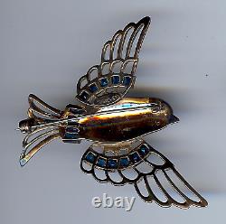 Kreisler Vintage Gold Wash Sterling Blue & Red Rhinestone Flying Bird Pin Brooch