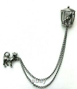 LARGE Vintage DANECRAFT Sterling Silver Cat Bird in Birdcage Double Chain Brooch