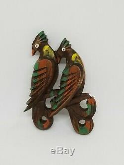 LG Vintage 1940's Carved Wood Pair of Cockatiels Birds Brooch Pin Hand Painted