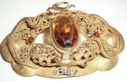 LG Vintage Brass Snake Serpent Birds Sash Pin Brooch Clasp Amber & Pink Stones