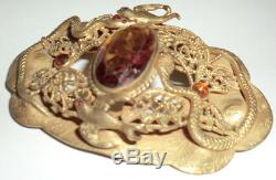 LG Vintage Brass Snake Serpent Birds Sash Pin Brooch Clasp Amber & Pink Stones