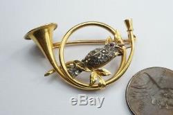LOVELY ANTIQUE 18K GOLD HORN & ROSE CUT DIAMOND BIRD BROOCH c1890