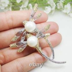 Lab Created Pearl 2Ct Round Cut Dragonfly Bird Brooch Pin 14K White Gold Plated