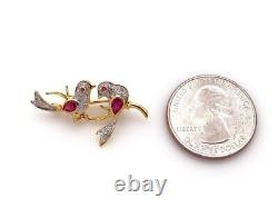 Lab-Created Red Ruby 2Ct Pear Cut Love Birds Brooch Pin 14K Yellow Gold Plated