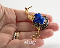 Lapis Lazuli Ruby Brooch Peacock Bird 14K Gold Vintage