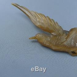 Large Art Nouveau Finely Crafted Horn Bird Brooch / Antique Carved Pin