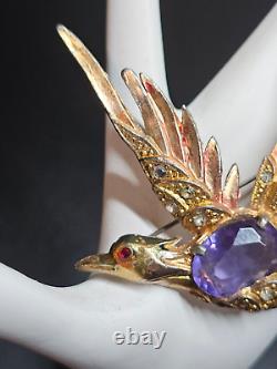 Large Fred Grey Signed Vintage Pot Metal Bird Brooch Pin Rhinestone