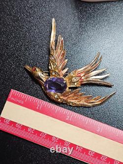 Large Fred Grey Signed Vintage Pot Metal Bird Brooch Pin Rhinestone