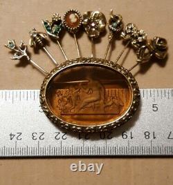 Large Goldette Stick Pin Bee Intaglio Cameo Woman Cupid Birds Vintage Brooch