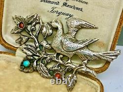 Large Ornate Victorian Sterling Silver Turquoise & Coral Bird Brooch