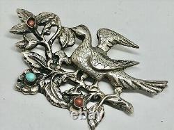 Large Ornate Victorian Sterling Silver Turquoise & Coral Bird Brooch