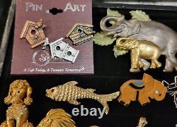 Large Vintage Animal Brooch lot Gold Tone Elephant Bird dog fish zebra lion +