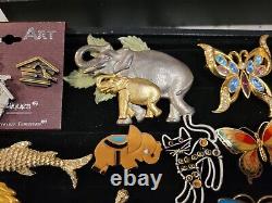 Large Vintage Animal Brooch lot Gold Tone Elephant Bird dog fish zebra lion +