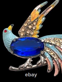 Large Vintage Enameled Bird Brooch Large Blue Oval Stone Body