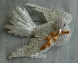 Large Vintage Joan Rivers Brooch Dove Bird with Olive Branch Pave Crystals #26-W