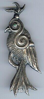 Large Vintage Mexico Sterling Silver Turquoise Eye Cockatoo Bird Pin Brooch