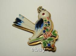 Lot 2 Vintage Celluloid & Rhinestone Bird on Brass Brooch Pin As-Is